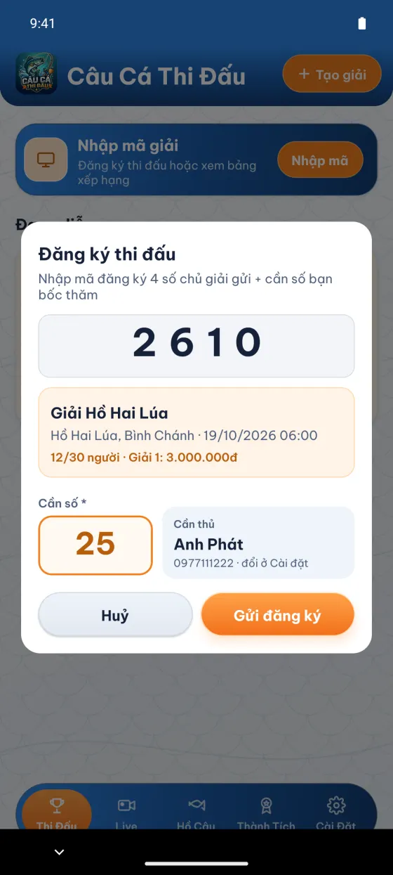 Đăng ký thi đấu: nhập mã 4 số và cần số