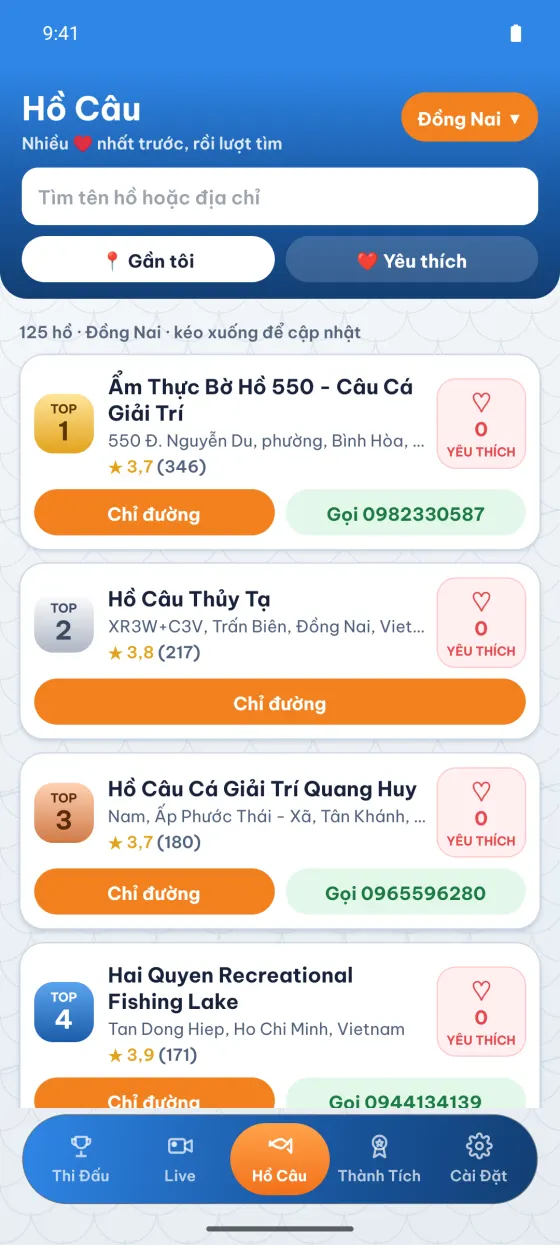 Danh sách hồ câu theo tỉnh, gần tôi, yêu thích, chỉ đường