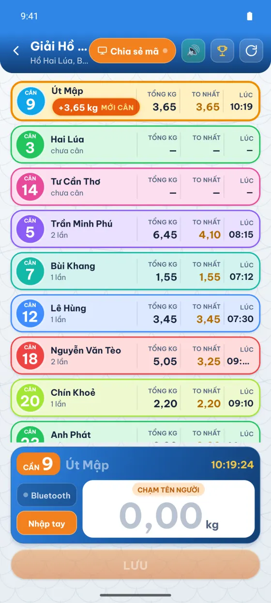Màn cân cá trong app Câu Cá Thi Đấu: danh sách cần thủ, tổng kg, cá to nhất